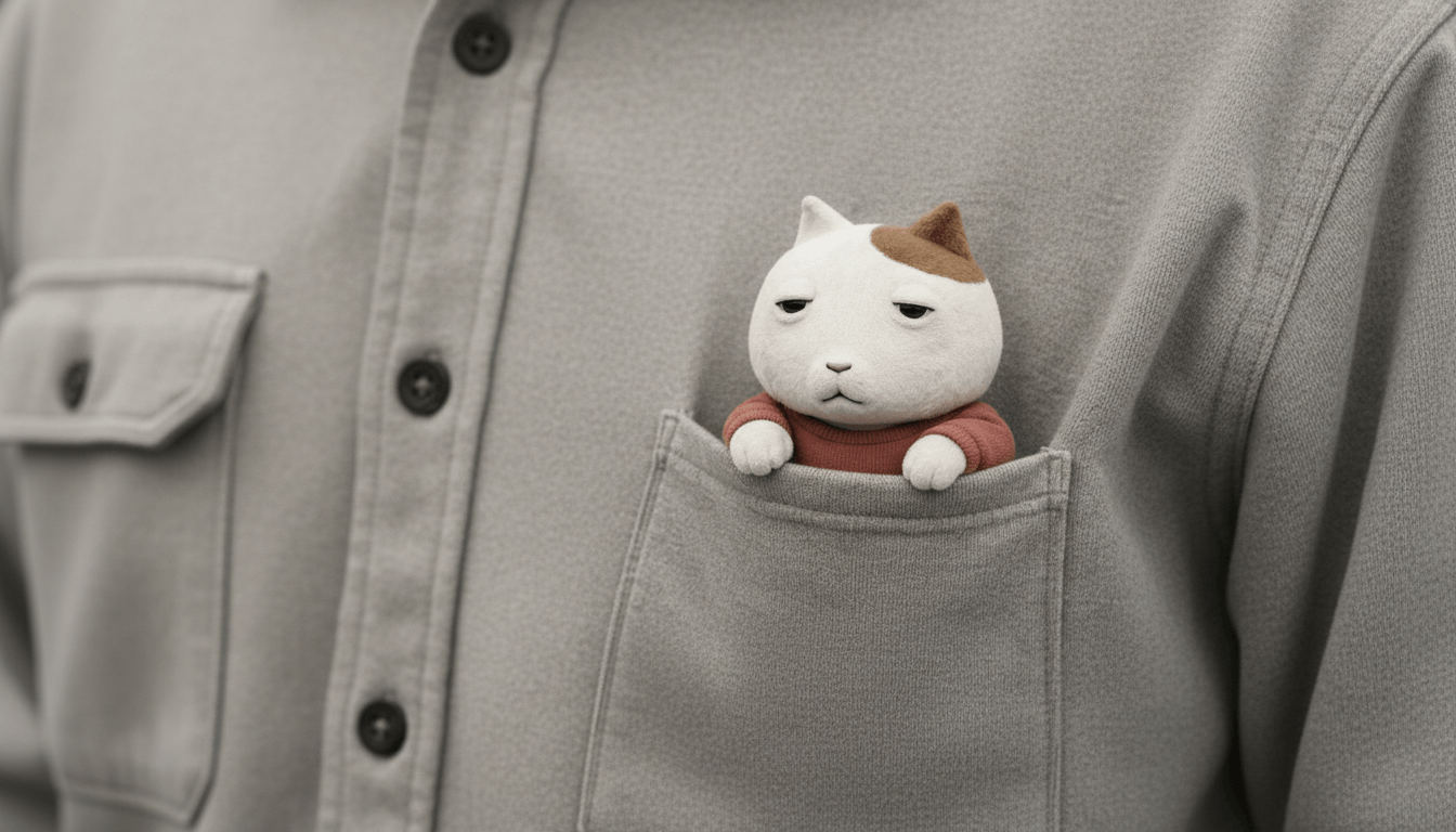 pocKET sitting in the buttoned chest pocket of a grey work shirt, paws resting on the pocket edge
