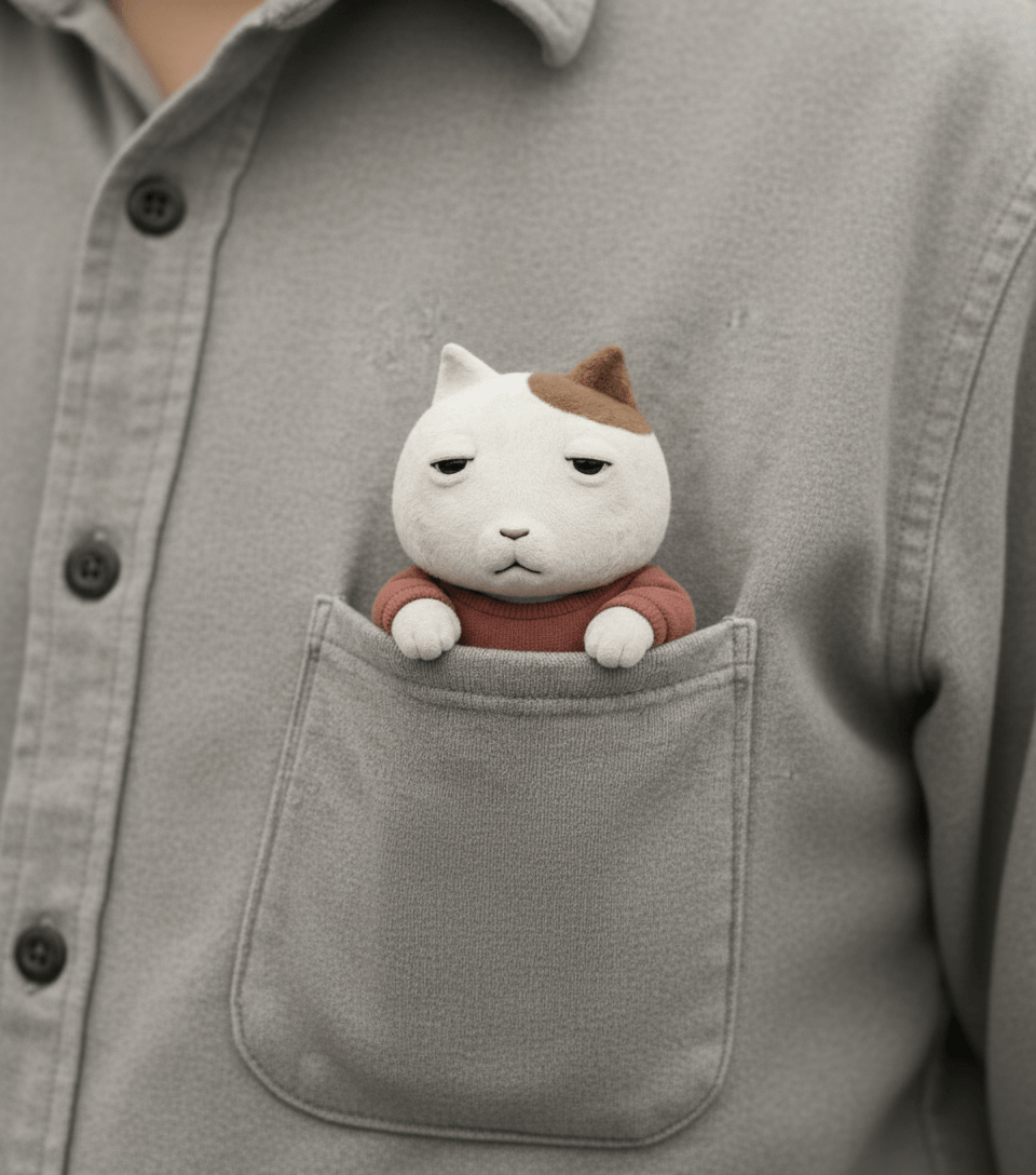 pocKET peeking out of a grey shirt chest pocket with his head and two paws above the edge