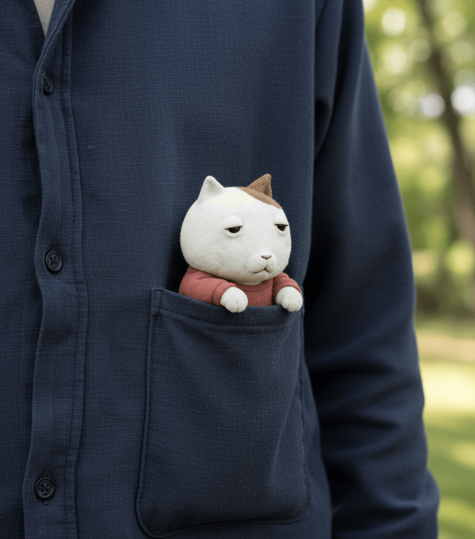 pocKET sitting in the chest pocket of a navy overshirt outdoors, looking off to the side